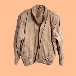 Cream Leather Bomber Jacket